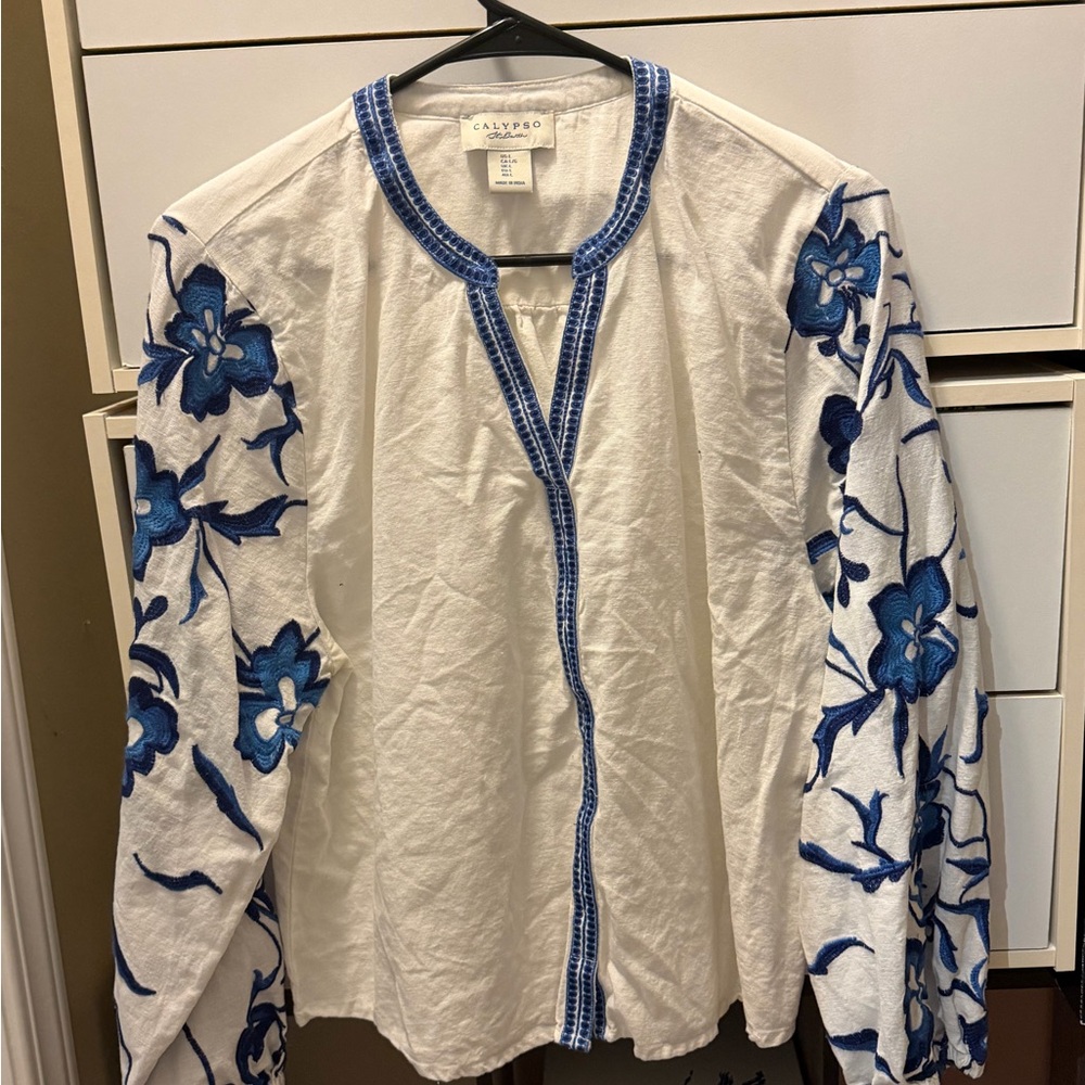 Calypso White and Blue Floral Embroidered blouse